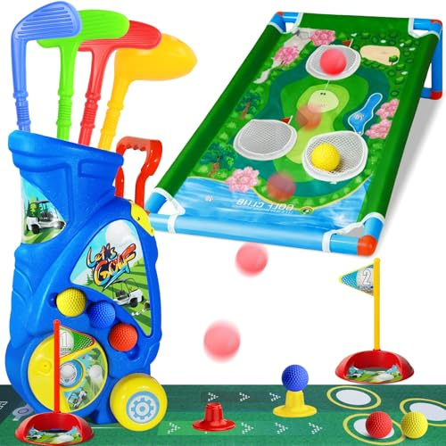Golf Set with Multi-Function Cart ,Complete Golf Set Includes 4 Golf Clubs, 6 Balls & 2 Practice Holes,Educational Outdoor/Indoor for Birthdays or Christmas