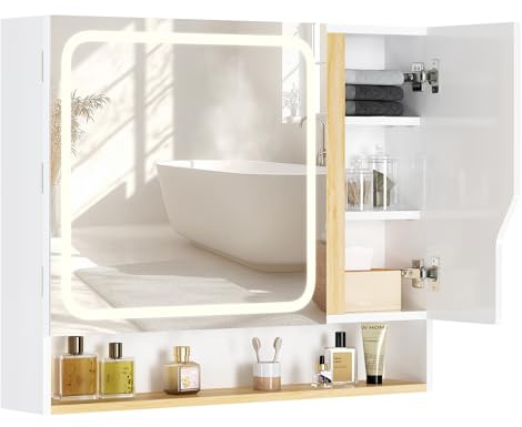 FORABAMB Spiegelschrank Bad mit LED Beleuchtung 80 cm Breit, Badezimmer Spiegelschrank mit HD Spiegel & Verstellbarem Regal, Badezimmerschrank, Badschrank, Berührung Sensorschalter, 80x16x65 cm, Weiß