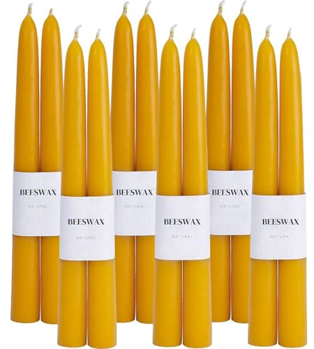 12Pcs Beeswax Taper Candles, 10 Hour Yellow Dinner Candles