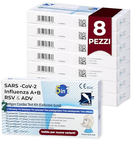 Test Covid Influenza - 8 Test - Combinato Covid e Influenza 2026 Antigenico Rapido 5 in 1 - Tampone Covid Influenza con RSV e Adenovirus per Autotest Domestico