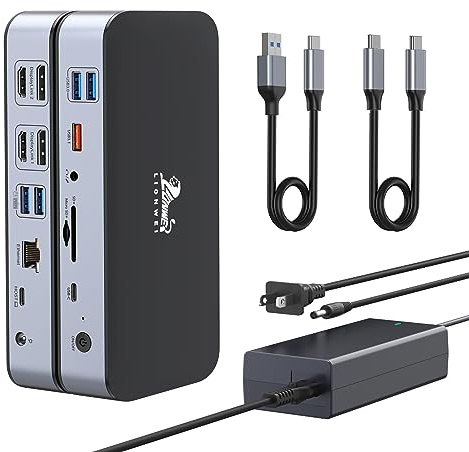 LIONWEI DisplayLink dockningsstation 2 bildskärmar 15-i-1 USB C-docka för macOS | 2 x HDMI, 2 x DP, 6 x USB, 120 W strömförsörjning, 2,5 G Ethernet, SD/microSD, ljud, drivrutin krävs, kompatibel med MacBook