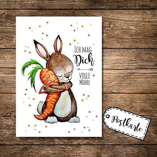 ilka parey wandtattoo-welt® Postkarte Grußkarte Karte Print Illustration Hase und Möhre mit Spruch Sprichwort Zitat Ich mag dich volle Möhre pk81