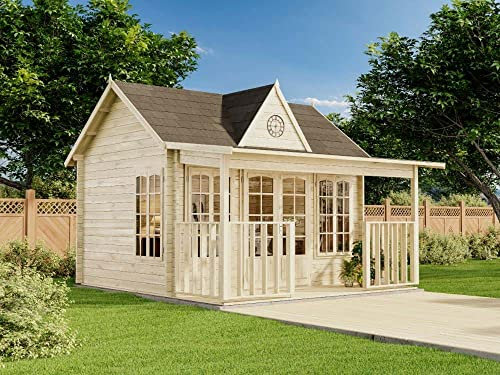 Alpholz Gartenhaus Clockhouse-Oxford 44 aus Massiv-Holz | Gerätehaus mit 44 mm Wandstärke | Garten Holzhaus inklusive Montagematerial | Geräteschuppen Größe: 420 x 320 cm + 150 cm | Satteldach