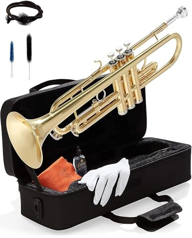 Mendini By Cecilio Bb Standard Trumpet Set for Beginners - Brass Trumpet Instrument with Hard Case, 7C Mouthpiece, Valve Oil, Cleaning Cloth, Gloves and Maintenance kit (Golden)