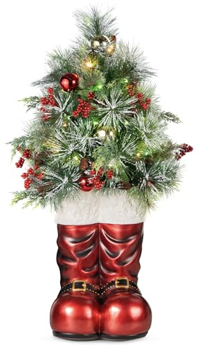 Best Choice Products 40in Santa Boots with Pre-Decorated Christmas Tree Greenery, Decoration for Home & Office, Hand-Painted Frosted Tips, Battery-Operated Lights