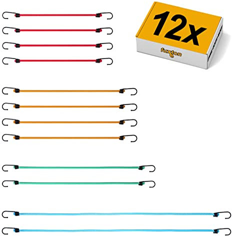 fuxton 12er Set Fahrradspanngurt mit Haken, 4 Längen und Farben (Fahrradgummi, Gummiband, Gummiseil) für Fahrrad, Fahrradkorb, Fahrradträger, Gepäckträger