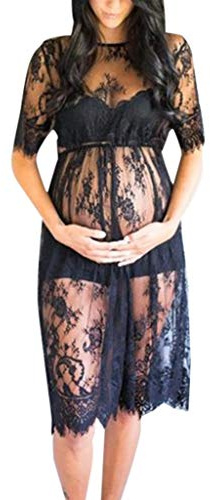 Vuncio Robe Maternité Dentelle Transparent Jupe Grossesse Mi-Longue été Manche Courte Col Rond Femme Robe Maternité Photographie Chic Robe Grossesse Shooting Photo Femmes Enceintes