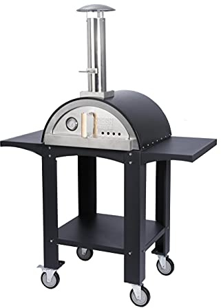 Horno de Pizza p/Exteriores Extra Grande con Estaciones de Preparación | Acero | Termómetro incorporado | Combustible: madera | Temp. hasta 600° C | Piedra y Pala p/pizza + Cubierta p/lluvia GRATIS