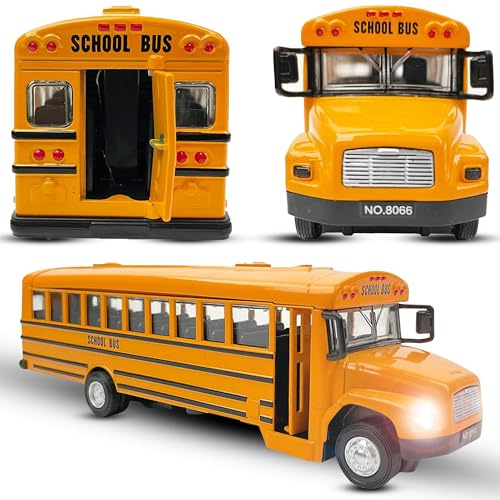 Diecast Yellow School Bus Model Toy, 8 Pullback Die Cast Model Vehicle for Kids with Rubber Tires, Opening Doors, Lights and Sounds