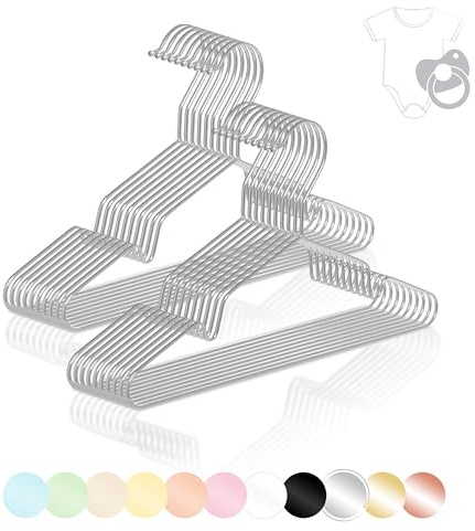 ROW&LINE® – Grucce per vestiti per bambini (30 cm) – 20 pezzi (argento) – per vestiti per bambini salvaspazio – Resistenti per vestiti pesanti – Grucce in filo metallico per un guardaroba ordinato