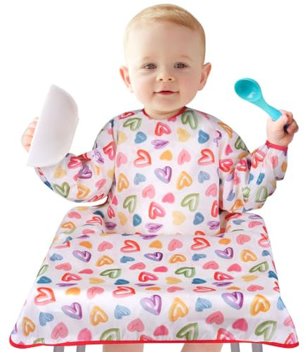 Vicloon Lätzchen mit Ärmeln Baby Ärmellätzchen Befestigt Sich an Ihrem Hochstuhl, Baby Lätzchen mit Ärmeln Wasserdicht für Jungen Mädchen Kleinkind Fütterung Lätzchen Schürze-Herz