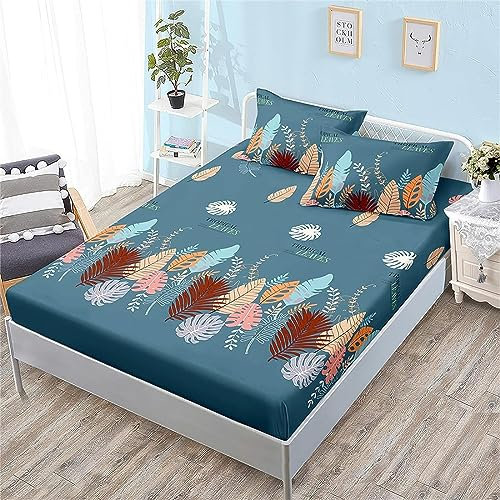 3D Palmblatt Spannbettlaken 140x200 cm, Mikrofaser Bettlaken für Kinder Erwachsene, Boxspringbett Spannbetttuch bis 30 cm Matratzenhöhe, Türkis Bettlaken 140 x 200 Mit 1 x Kissenbezügen