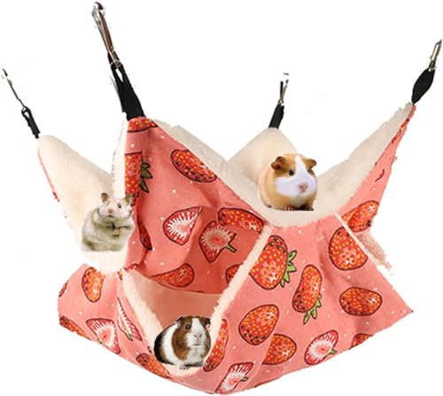 Norhogo Hamac pour petits animaux - Double couche - Pour cochon d'Inde, rats, furets - Cachette pour animaux de compagnie avec tunnel - Grotte à suspendre - 35 x 35 cm - Motif fraise rose