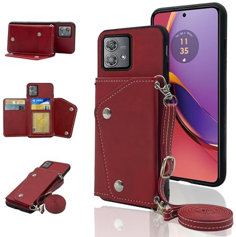 ELISORLI Telefonskydd för Motorola Moto G84 5G Plånboksfodral med crossbody axelrem och stativ läder kreditkortshållare plats mobil flip handväska mobiltillbehör Motorola G84 flickor kvinnor män röd
