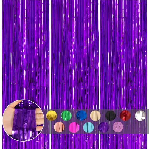 3pcs Tinsel Curtain Purple Glitter Foil Door Curtain Party Backdrop,3.2x6.5ft Metallic Foil Fringe Curtain Streamers Shimmer Curtains Backdrop Decorations for Birthday Hen Graduation Christmas Party