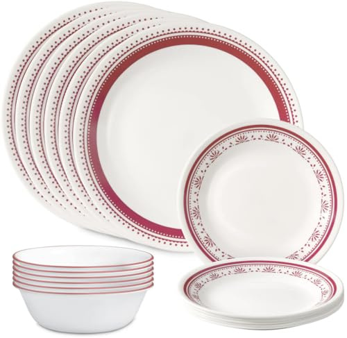 Corelle Everyday 18-PC Dinnerware Set, Service for 6, Durable and Eco-Friendly, Higher Rim Glass Plate & Bowl Set, Microwave and Dishwasher Safe, Sadie