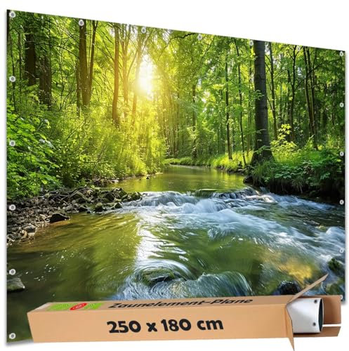 TRIOSK Sichtschutz Garten Deko Zaun Plane Blickdicht groß mit Zaunblende Motiv Waldfluss Wald Sonnenlicht für Zaunelement Doppelstabmatten Stabmattenzaun Gartenzaun PVC 250x180 cm
