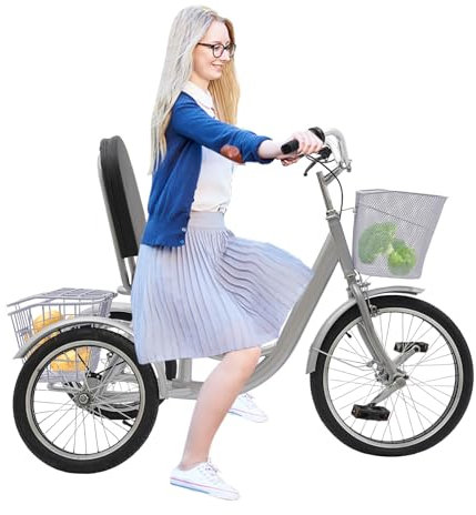 RUETERY Dreirad für Erwachsene, 3 Rad Fahrrad für Erwachsene, Anti-Rollover-Dreirad, Lastenfahrrad, Höhenverstellbar, Tragfähigkeit 150kg, mit 2 Einkaufskorb, Einkaufsfahrten für Senioren, Silber