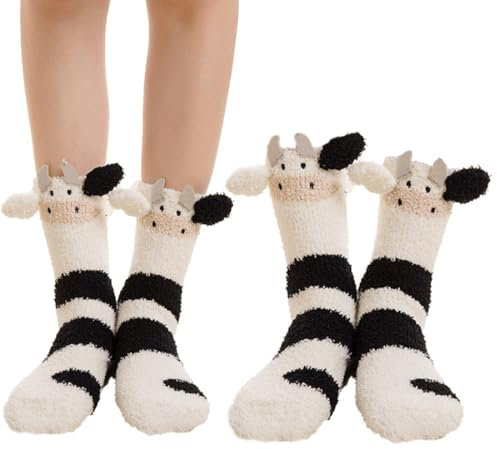 FENQURO Kuschelsocken Damen Süße Kuh Socken Damen Stoppersocken 1 Paar Warme Flauschige Socken Bettsocken Dicke Wintersocken Haussocken Lustige Personalisierte Weihnachten Geschenke für Frauen Mädchen