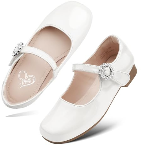 Stelle Girls Dress Shoes Mary Jane Ballet Flats Flower School Shoes for Wedding Party Toddler/Little/Big Kid(Off White-9MT)