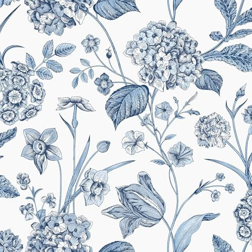 Rasch Amelie Hydrangea Floral Themed Hand-Drawn Effect Wallpaper for Bedrooms, Hallways, Dining Rooms Blue/White 260169
