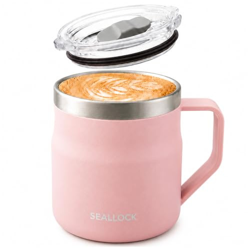 SiHuiTu 450ml Insulated Stainless Steel Coffee Mug with Lid & Handle(Pink) | Reusable modern desk cup keeps hot & cold drinks, perfect for office daily use
