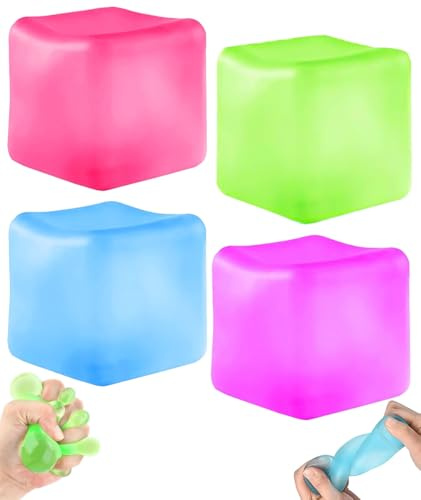 4PCS Large Stress Balls for Kids Adults, Ice Cube Squeeze Fidget Toy Set Colorful Squeeze Cube Sensory Squishy Toys Anxiety Relief for Children Boys Girls Men Women for Home School Office，5cm