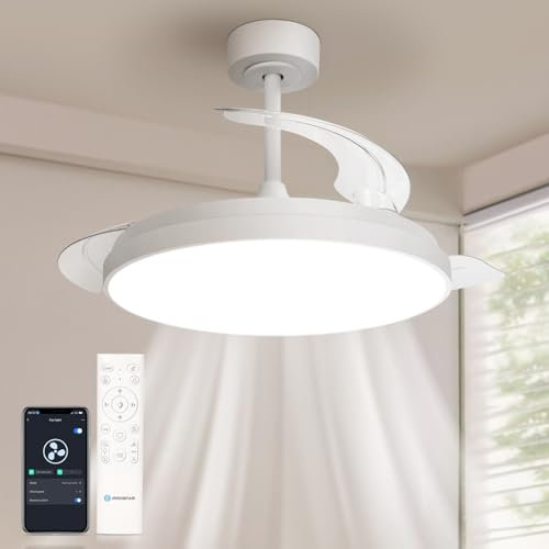 Aigostar Mesh - Ventilador de Techo con luz Inteligente con Aspas Retráctiles, LED 50W + DC 28W - APP/Mando, CCT Regulable 2700K-6500K, Silencioso, Temporizador, Función Invierno/Verano (106cm)