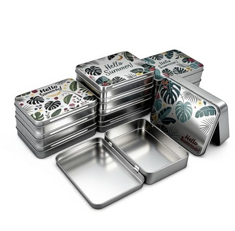 Goodma 12 Pack Empty Rectangular Silver Metal Tins Storage Organizer Gift Boxes with Hello Summer Themed Image Pattern on the Lid, 4.5 x 3.3 x 0.9 inch