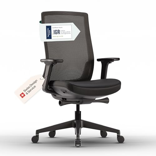 ofinto Ergo Bürostuhl Ergonomisch mit Armlehnen Schwarz | Schreibtischstuhl mit Synchronmechanik, Lordosenstütze & Sitzhöhenverstellung | Bequemer Office Chair, PC & Büro Stuhl | Flexibler Drehstuhl
