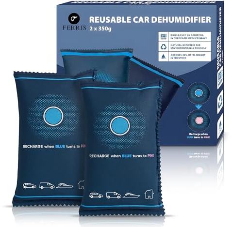 FERRIS 2 bolsas deshumidificadoras de coche de 350 g | Deshumidificadores interiores reutilizables y seguros para el hogar y bolsas absorbentes de humedad | reactivadas por microondas, alternativa a