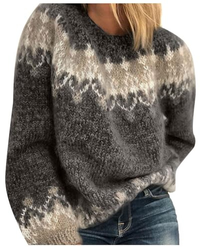 Pull Norvégien Femme en Laine Grande Taille Sweatshirts Sweat sans Capuche Hiver Chaud Pullover Jacquard Pull Islandais Chic Et Elegant Manches Longues Cachemire Polaire Tricoté