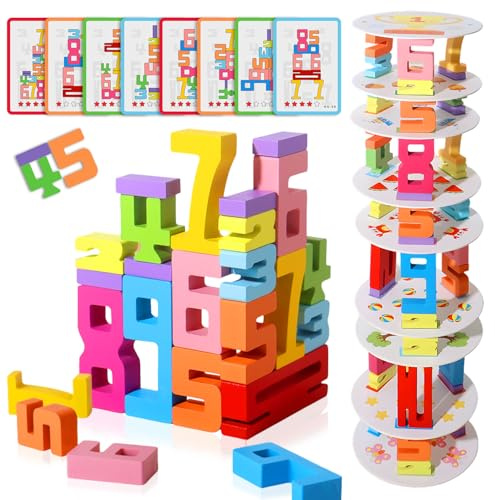 KISPATTI Jouet Enfant 3 Ans, Jeu Montessori en Bois, Jeu de Société Éducatif avec Blocs d'Empilage Numérotés 1 à 10, Jouets Empilables, Jouet d'Éveil Cadeau Garçon Fille