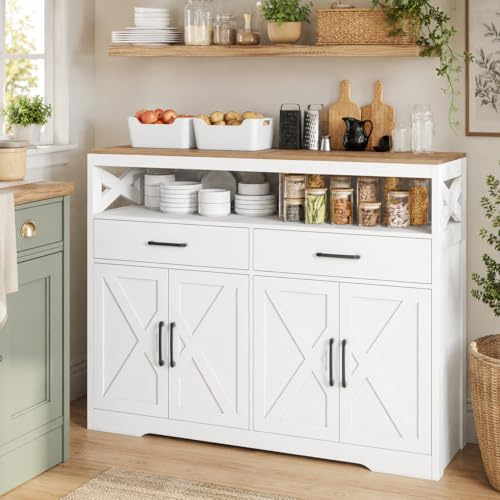 Quiaviank Aparador con 2 cajones, 4 puertas y estantes abiertos, estilo country, armario de cocina con vetas de madera blanca, buffet para cocina, comedor, salón, blanco