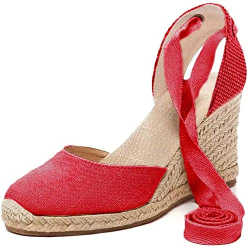 Onsoyours Sandalias De Moda para Mujer Alpargatas Verano Plataforma De Cuña Zapatos De Mujer Sandalias Romanas Cordones Bohemios Zapatos A Rojo 38 EU