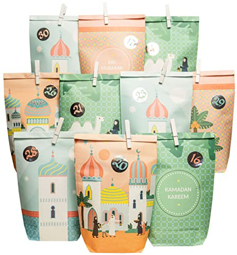 Papierdrachen Calendario del Ramadan fai da te da riempire - per bambini e adulti - Sacchetti di carta kraft stampati in colori pastello - da decorare - Eid Mubarak - riutilizzabili - Set 9