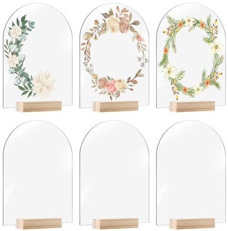 DRERIO 6 Pièces Cartons de Placement Panneaux en Acrylique Transparent avec Support Cartes Vierges arquées Dessus Rond pour Noms d'invités, numéros Table décoration fête Mariage, Evénement