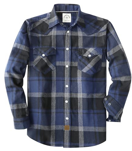 Dubinik® 6 oz Chemise Flanelle Homme Chemise Homme Manches Longues Chemise Fermeture à Pression Vintage Western Cowboy Casual Marine et Noir M