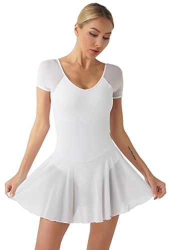 TiaoBug Abito da Pattinaggio Artistico sul Ghiaccio Donna Leotards Vestito da Balletto Ballo Latino Americano Body da Ginnastica Danza Classica Moderna Maniche Corte Bianco S