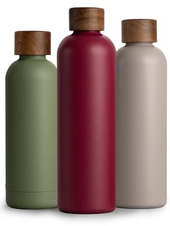 T&N Edelstahl Trinkflasche 1 Liter, Thermosflasche 1l mit Akazienholz Deckel, Isolierte Wasserflasche auslaufsicher bei Kohlensäure, Isolierflasche 1000ml - Berry Red