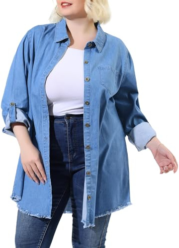 Agnes Orinda Plus Size Shirts for Women Chambray Top Button Down Denim Shirts Tops 2023 Blue 3XL