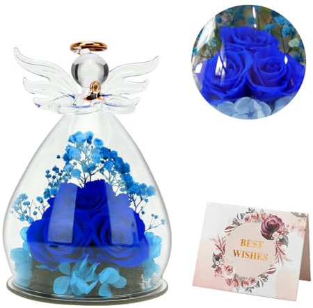 VOHESEA Rosa eterna azul con cúpula de cristal de ángel, rosa eterna grande con figura de ángel, figura de ángel hecha a mano, flor eterna, regalo de cumpleaños para mujeres, mamá, madre, abuela