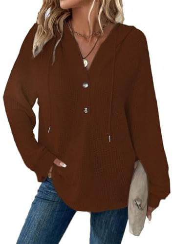 GRMLRPT Huvtröja dam huvtröja V-ringad toppar casual huvtröjor dam Essentials huvtröja långärmad tröja dam sweatshirt vår höst (flerfärgad, S–XXL), BRUN, L