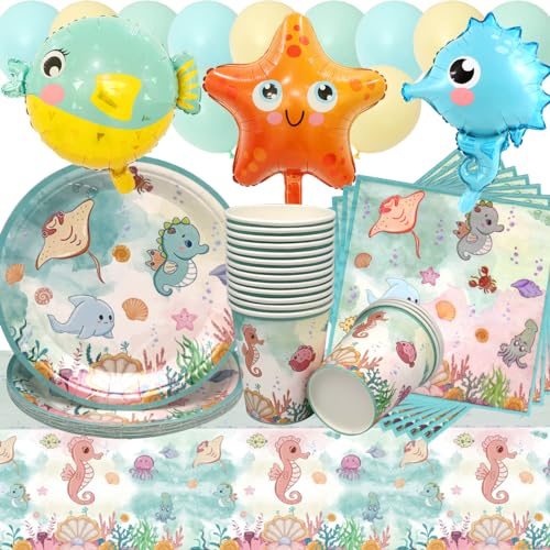 Doyomtoy Vajilla de Animales del Océano, 68 Piezas Decoración de Mesa y Globos para Fiesta de Cumpleaños - Platos, Servilletas y Vasos para Niños