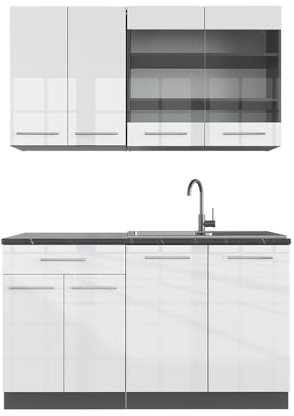 Vicco Singleküche Fame-Line, Weiß Hochglanz/Anthrazit, 140 cm, AP Anthrazit