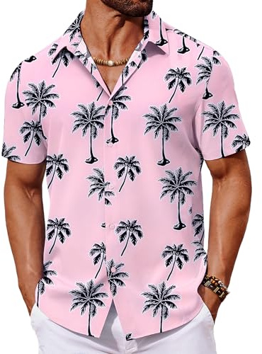 COOFANDY Mens Short Sleeved Shirts Hawaii Shirt Holiday Shirts for Men Summer Hawaiian Shirt Regualr Fit Coconut Tree Pink M
