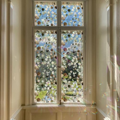 Runtoo Window Privacy Film Rainbow Eucalyptus Leaves Boho Window Clings 3D Decorative Vinyl Stained Glass Botanical Green Leaf Decals Static Sticker Non-Adhesive, 15.75 x 40 inches