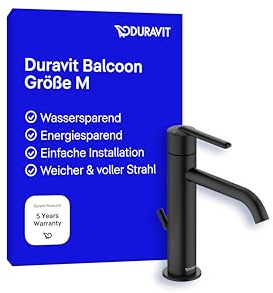 Duravit Balcoon tvättställskran, storlek M (pip höjd 138 mm), energibesparande tvättställskran, vattenbesparande kran badrum (MinusFlow), med dragstång avloppsarmatur, svart matt