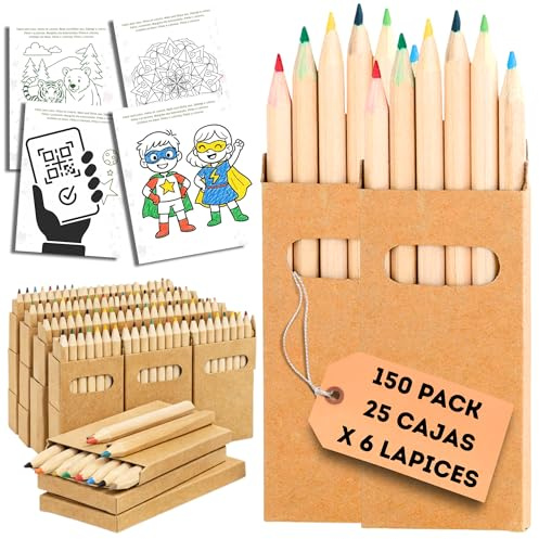 AF® - 150 pack colores | Pack Pintura Niños con 25 Mini Regalos x 6 lapices colores infantiles | Para comuniones, fiestas de cumpleaños, detalles alumnos fin de curso + Plantillas imprimibles por QR