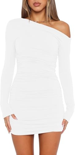 Wenrine Vestido de Mujer Sexy con Hombros Descubiertos, Vestido de Fiesta, Manga Larga, Mini Vestido de Volantes, Bodycon para Invitados de Boda, Vestido de cóctel, Blanco, S